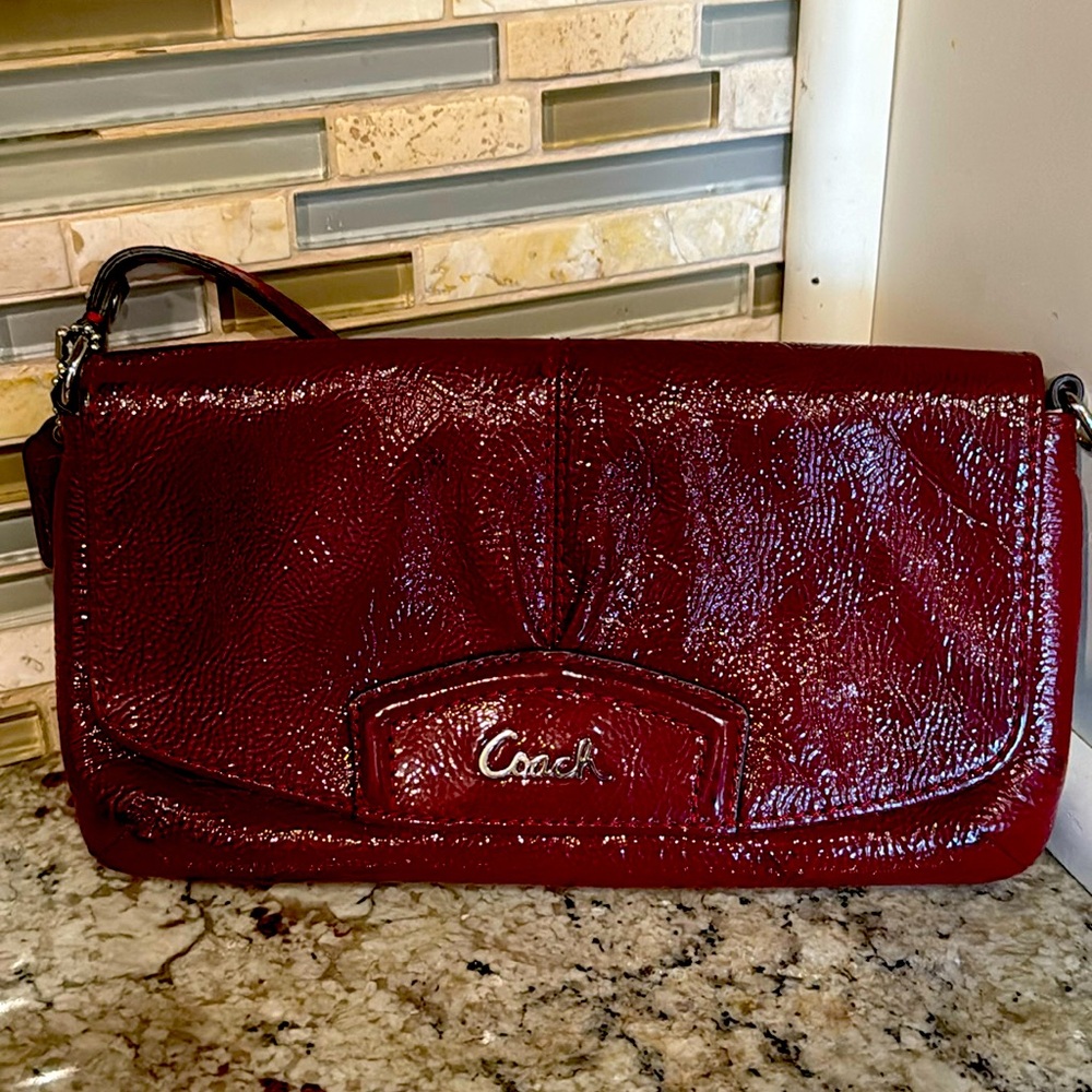 Coach Ashley Maroon Patent Leather Wristlet Clutch Fold Over Flap